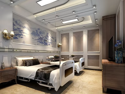 Traditional Chinese Hospital Room Interior With Two Beds Landscape Painting And Wall Lamps 3d model
