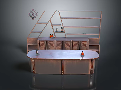 Modern Rustic Bar Counter With Curved Countertop Open Wooden Shelves And Wine Bottles Storage Cabinets 3d model