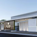 Modern Sales Office Building Exterior Design With Glass Door Entrance And Surrounding Trees