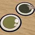 Round Rugs on Wooden Floor with Green Design White Sphere Book and Striped Cushion