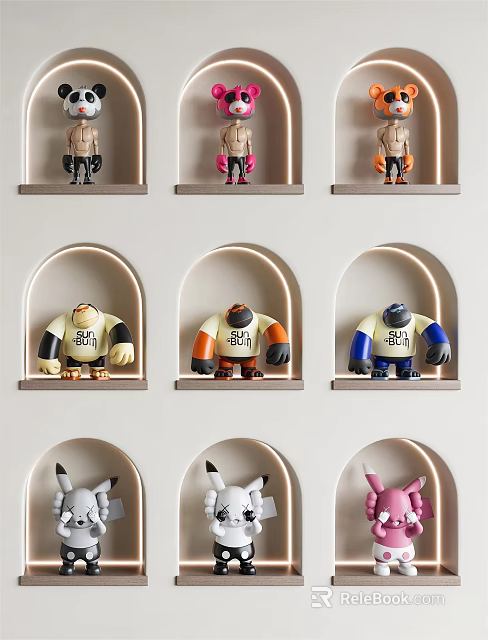 Various Colored Stuffed Dolls With SU 6011 Print Displayed In Arched Shelf Niches 3d model 