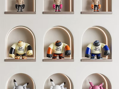 Various Colored Stuffed Dolls With SU 6011 Print Displayed In Arched Shelf Niches 3d model