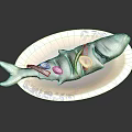 Cooked Fish with Chili Peppers and Garlic Slices on Blue White Pattern Plate in Sauce