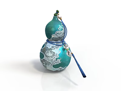 Green Gourd Shaped Carved Sculpture With Cloud Patterns And Blue Rope Tassel 3d model