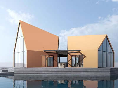 Modern Waterfront Building With Orange Roof Large Glass Windows Platform And Water Reflection 3d model