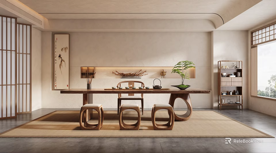 Modern Tea Room Interior With Long Wooden Table Stools Green Plant And Tea Set 3d model 