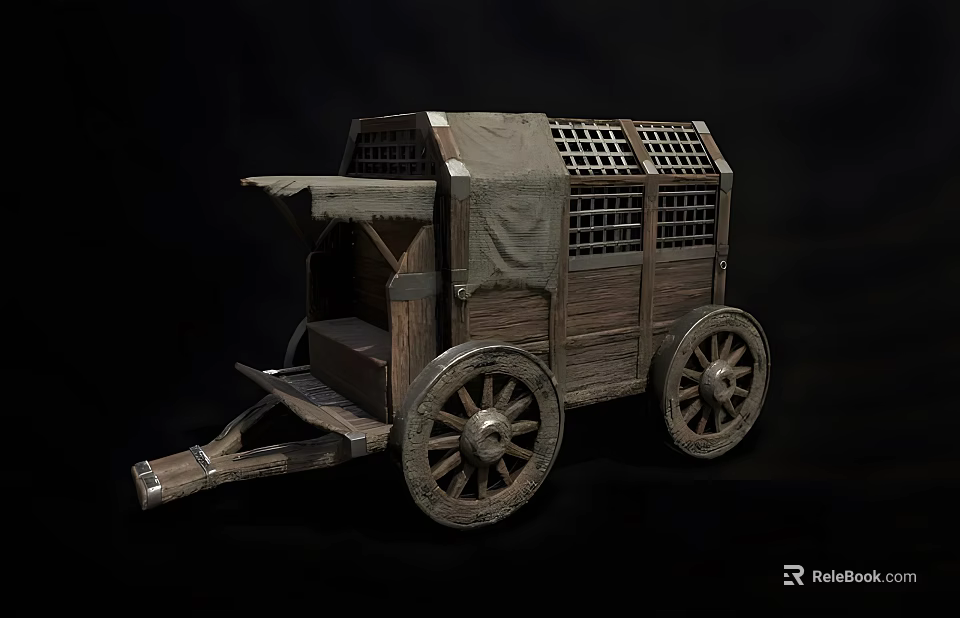 Vintage Wooden Carriage With Grid Windows Canvas Cover And Spoked Wheels 3d model 