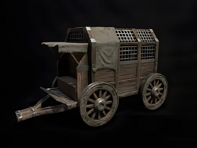 Vintage Wooden Carriage With Grid Windows Canvas Cover And Spoked Wheels 3d model