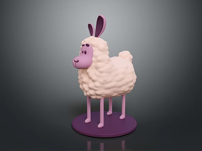 Cute Sheep Sculpture With Pink Ears White Wool And Purple Base 3d model