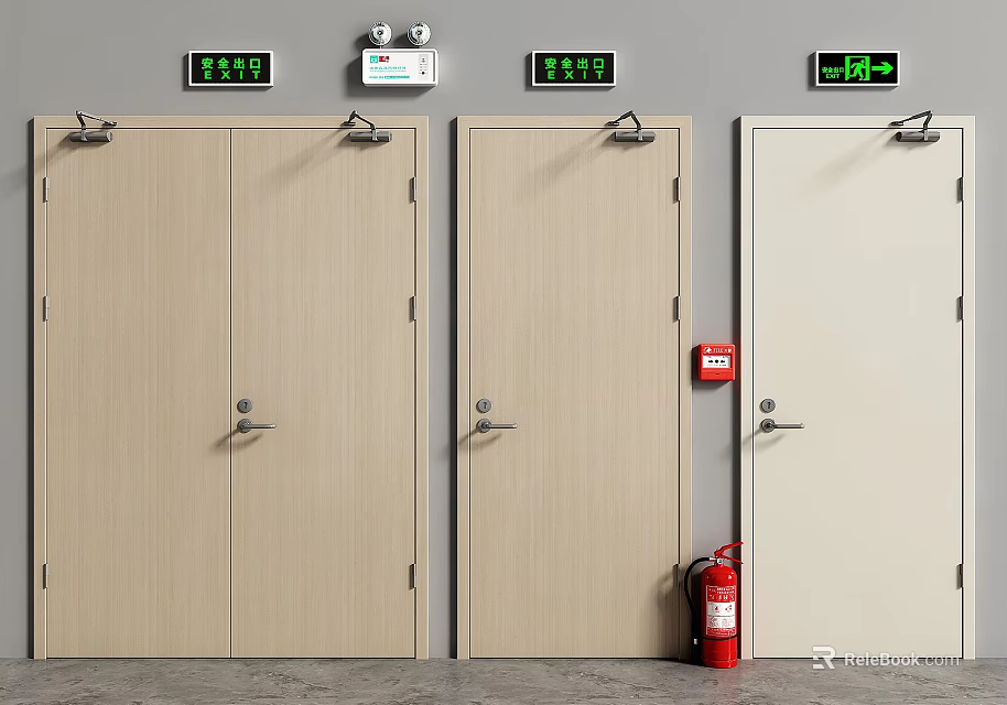 Interior View Of Multiple Doors With Digital Displays And Red Fire Extinguisher On Wall 3d model 