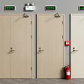 Interior View Of Multiple Doors With Digital Displays And Red Fire Extinguisher On Wall