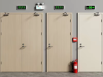 Interior View Of Multiple Doors With Digital Displays And Red Fire Extinguisher On Wall 3d model