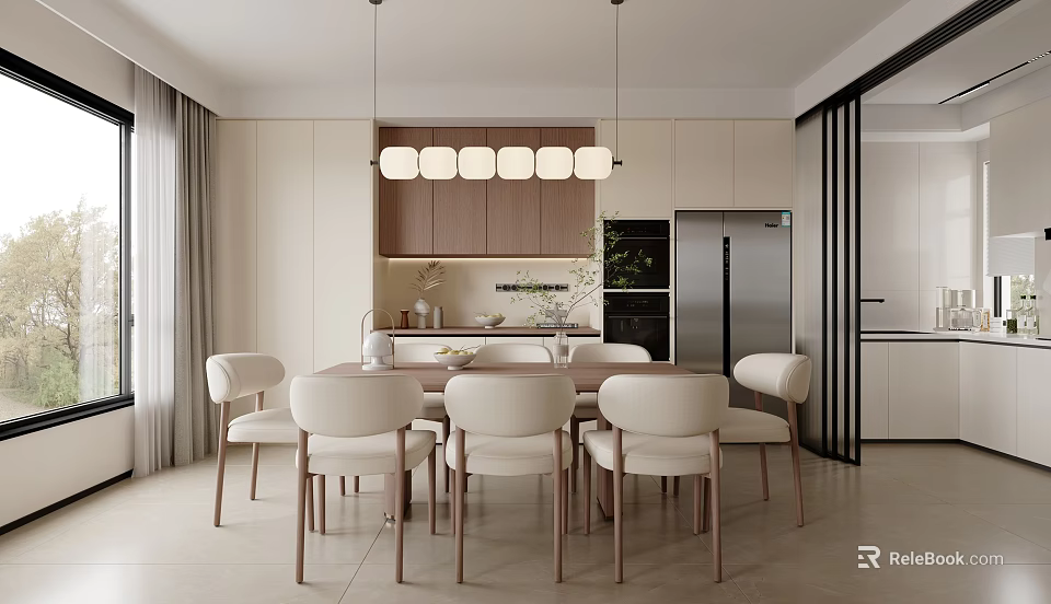 Modern Restaurant Interior With Wooden Dining Table Beige Chairs And Pendant Lights 3d model 