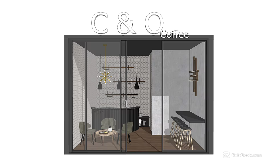 C&O Coffee Modern Cafe Interior With Glass Facade Tables Chairs And Pendant Lights 3d model 
