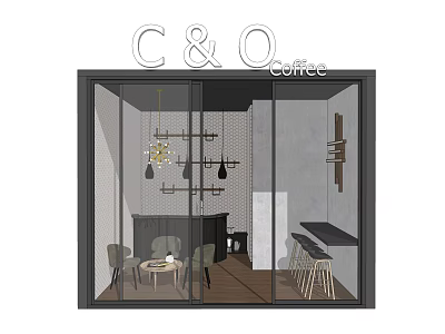 C&O Coffee Modern Cafe Interior With Glass Facade Tables Chairs And Pendant Lights 3d model
