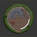 Circular Miniature Scene Model With White Walls Brown Frames Cabinets Shelves And Green Base