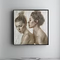 Portrait Painting Featuring Two Women with Updo Hairstyles in Intimate Pose Light Background Black Frame