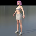 Pink Haired Female Game Movie Character In Gray Tank Top Skirt And White Shoes