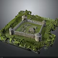 Detailed Medieval Fortress Model With Stone Walls Corner Towers And Central Courtyard
