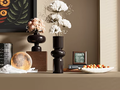 Decorative Ornament Set With Vases Flowers Painting Books Plate Fruit Bowl And Wooden Base 3d model
