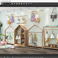 Cute Children's Clothing Store With Hanging Dresses Wooden Racks Wall Decor And Green Plants