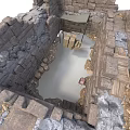 Ancient Stone Ruins With Water Pool Stone Walls And Scattered Blocks