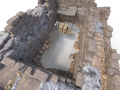 Ancient Stone Ruins With Water Pool Stone Walls And Scattered Blocks 3d model
