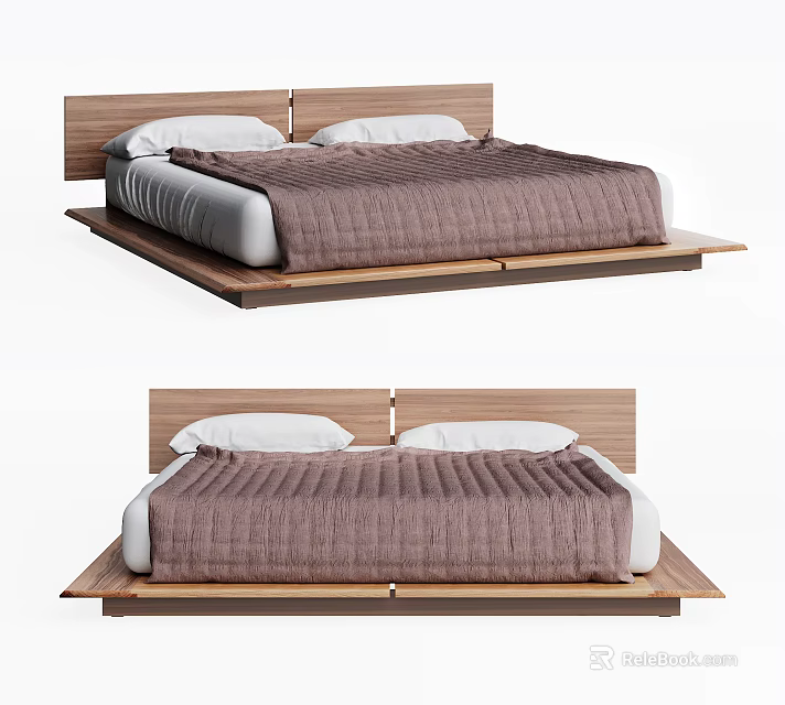 Modern Double Bed With Wooden Frame White Pillows And Brown Blanket 3d model 
