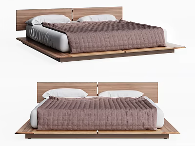 Modern Double Bed With Wooden Frame White Pillows And Brown Blanket 3d model