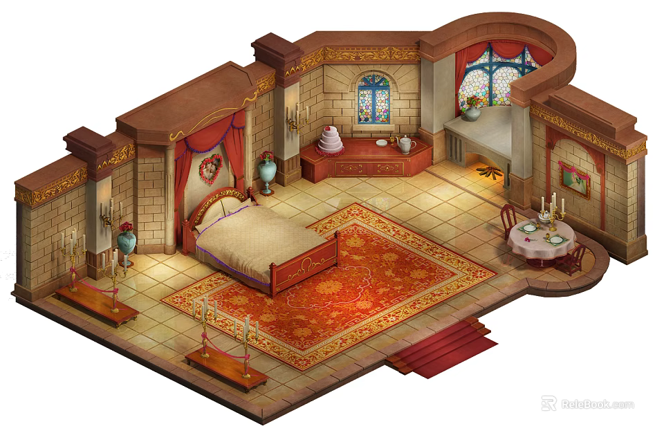 Cartoon Scene Medieval Castle Bedroom With Red Carpet Stained Glass Windows Fireplace Table And Chairs 3d model 