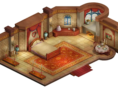 Cartoon Scene Medieval Castle Bedroom With Red Carpet Stained Glass Windows Fireplace Table And Chairs 3d model