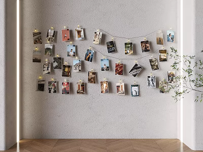 Photo Wall Decor With Hanging Photos String Lights And Side Green Plant 3d model