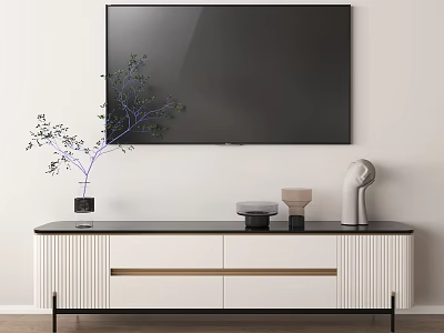 Modern White Black TV Stand With Green Plant Vases Sculpture And Wall Mounted TV 3d model