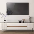 Modern White Black TV Stand With Green Plant Vases Sculpture And Wall Mounted TV