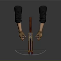 Game Movie Character Hands In Brown Gloves Holding Wooden Metal Crossbow