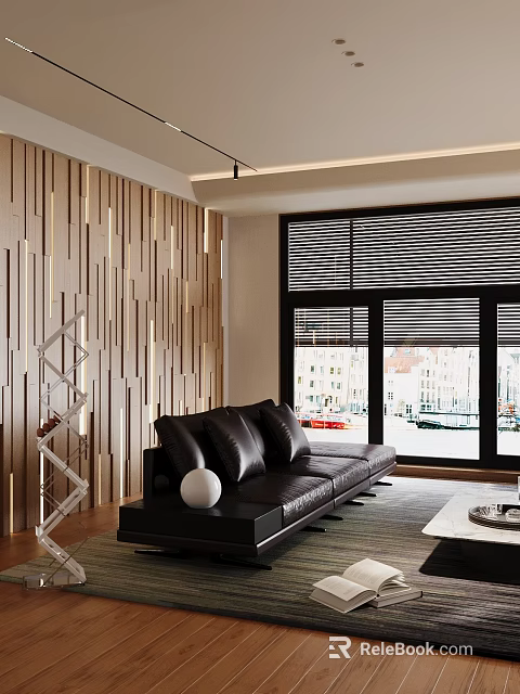 Decorative Ornament Set with White Spherical Piece Geometric Shelf in Modern Living Room Wooden Wall 3d model 