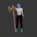 Game Movie Character With Purple Hair White Shirt Black Pants Holding Golden Axe And Device
