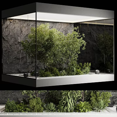 Modern Garden Decor Piece with Glass Container Green Plants and Rock Wall Background 3d model