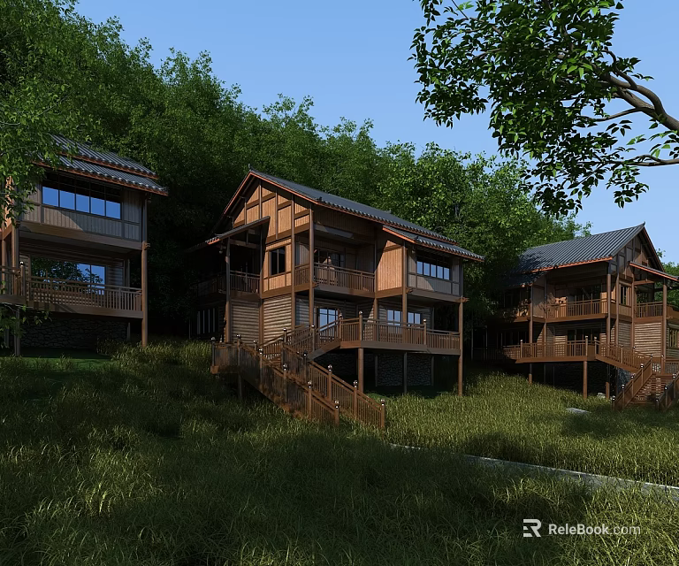 Traditional Wooden Detached Villas on Hillside with Balconies Surrounded by Green Trees and Grassland 3d model 