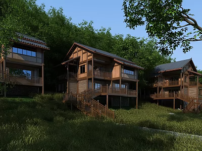 Traditional Wooden Detached Villas on Hillside with Balconies Surrounded by Green Trees and Grassland 3d model