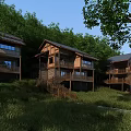 Traditional Wooden Detached Villas on Hillside with Balconies Surrounded by Green Trees and Grassland
