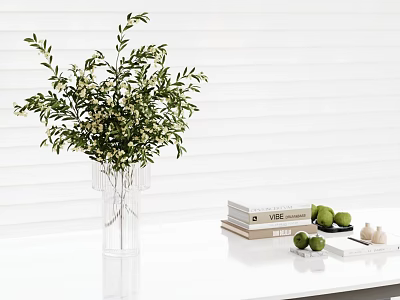 Clear Glass Vase With Green Leaves And White Flowers On White Table With Blinds Background 3d model
