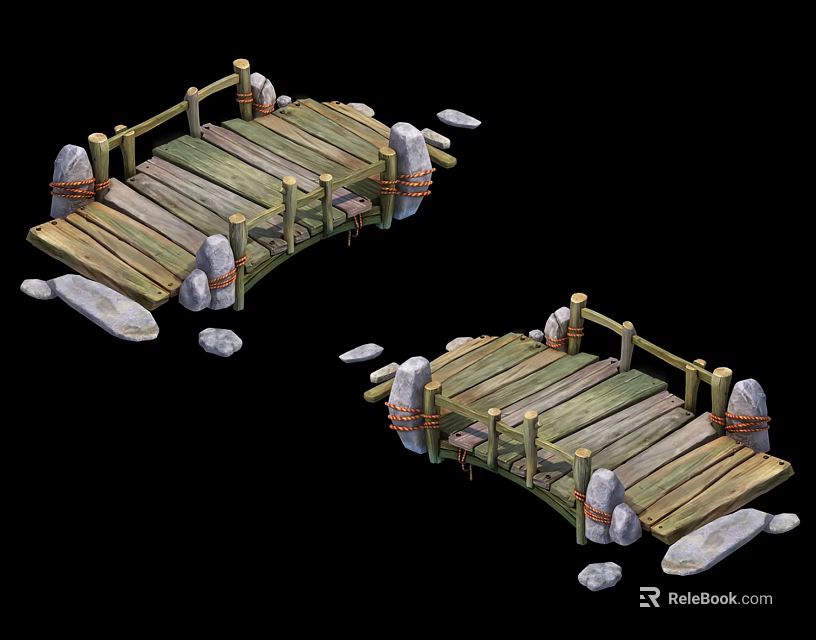 Rustic Weathered Wooden Bridge With Railings Rope Bindings And Stone Supports 3d model 