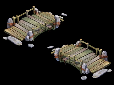 Rustic Weathered Wooden Bridge With Railings Rope Bindings And Stone Supports 3d model