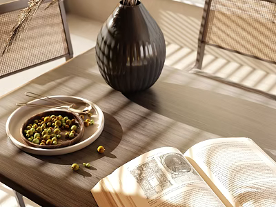Textured Black Vase With Flowers On Wooden Dining Table With Open Book And Sunlight 3d model