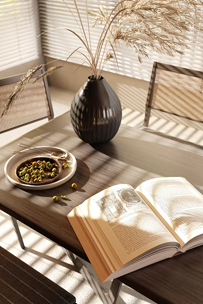 Textured Black Vase With Flowers On Wooden Dining Table With Open Book And Sunlight 3d model