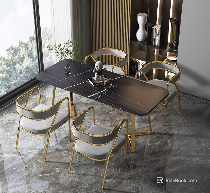 Modern Dining Table Set With Black Tabletop Golden Frame And Grey Upholstered Chairs 3d model