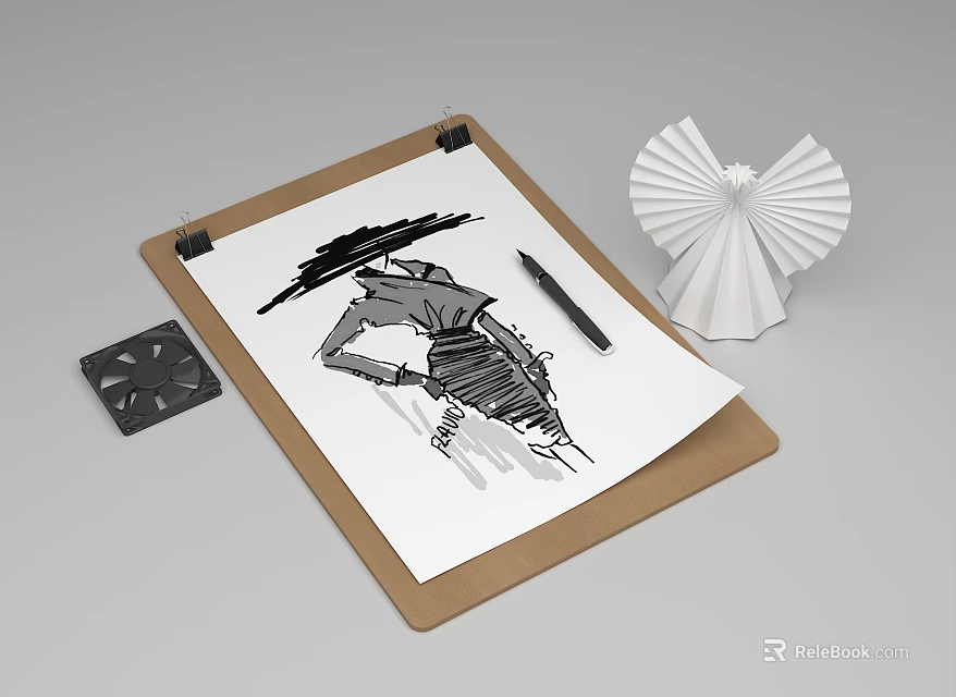 Clipboard With Sketch Drawing Pen Origami Decoration And Small Black Object On White Background 3d model 