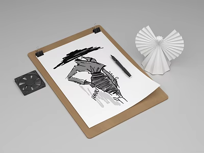 Clipboard With Sketch Drawing Pen Origami Decoration And Small Black Object On White Background 3d model