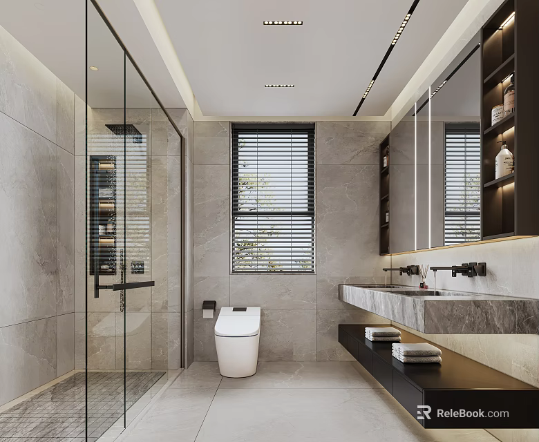 Modern Bathroom Interior Design With Glass Shower Smart Toilet And Marble Vanity Mirror 3d model 